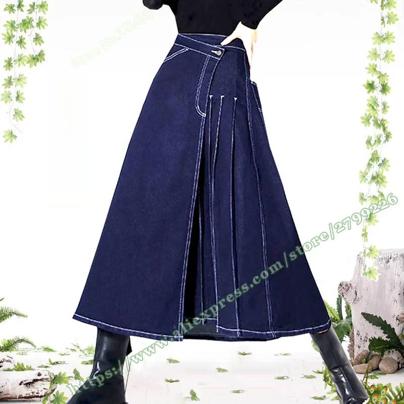 

2020 Female Fashion Retro Style Casual Irregular Design A-line High Waist Jeans Skirt a line Folds Denim Long Midi Skirt Womens