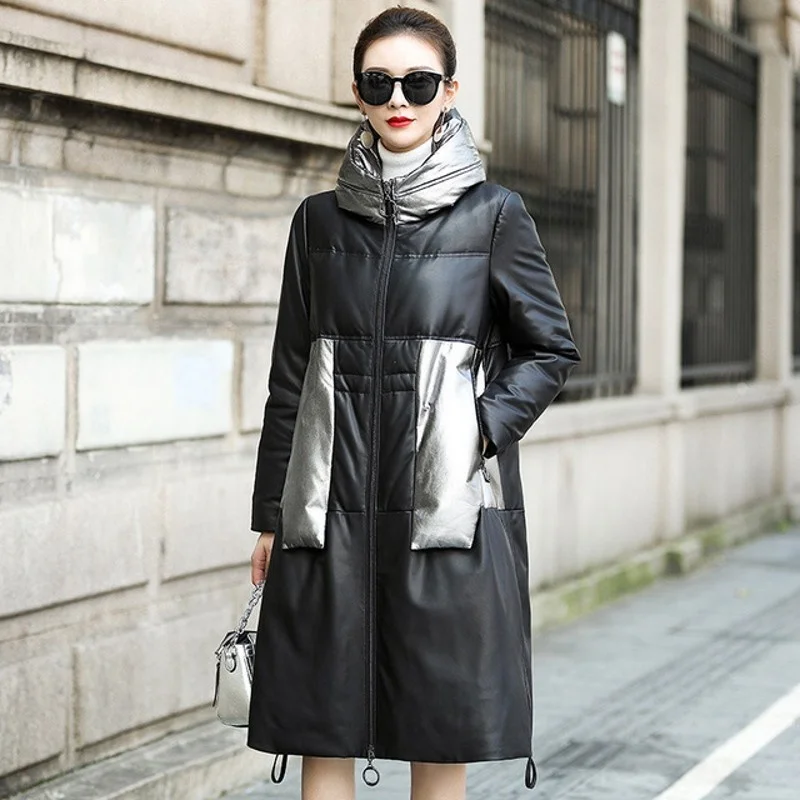 

Женский пуховик из натуральной кожи, длинная куртка в Корейском стиле из овечьей шкуры с капюшоном, верхняя одежда, новинка зимы 2022