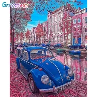 gatyztory coloring by number blue car kits home decoration pictures painting by number scenery handpainted art gift