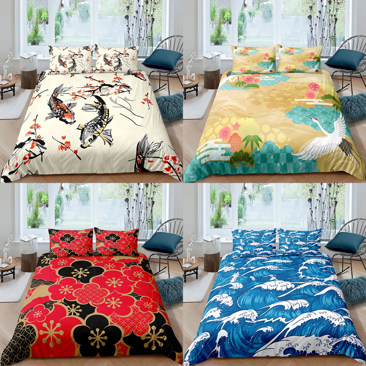 

Home Textiles Luxury 3D Japanese Style Duvet Cover Set Pillowcase Fish Bedding Set AU/EU/UK/US Queen and King Size Sets