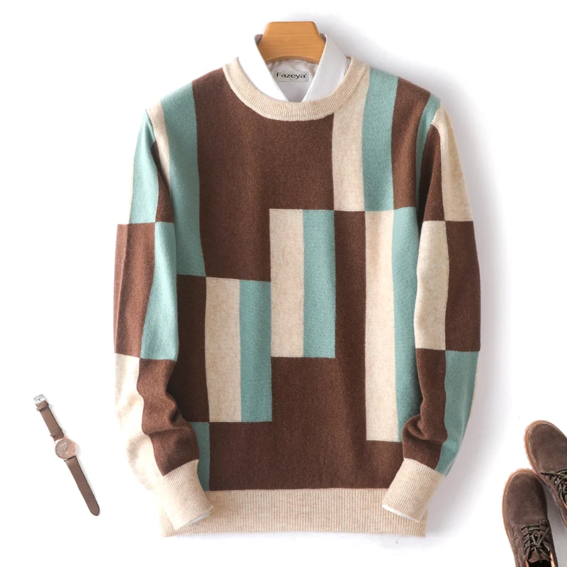 100% cashmere sweater men's round neck  pullover top autumn and winter new fashion square sweater