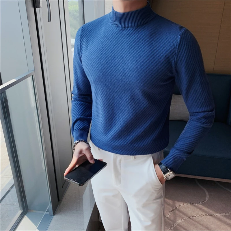 Autumn Winter Solid Long Sleeve Half Turtleneck Diagonal Stripe Sweaters Men Clothing Slim Fit Casual Homme Knitted Pullovers