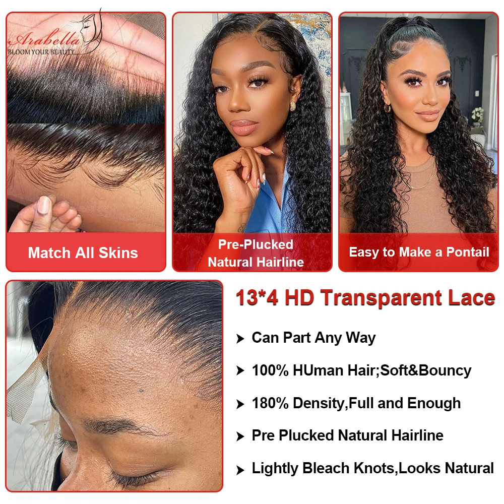 13x4 Water Wave Lace Front Wig Transparent Lace Wig For Black Women Pre Plucked Bleached Knots Arabella Remy Hair Glueless Wig
