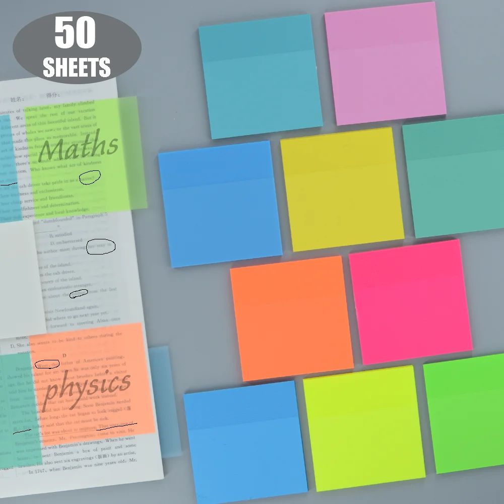 

50 Sheets Posted It Transparent Sticky Notes Self-Adhesive 7.5*7.5cm for Annotation Books Clear Notepads Memo Bookmarks Pad Tabs