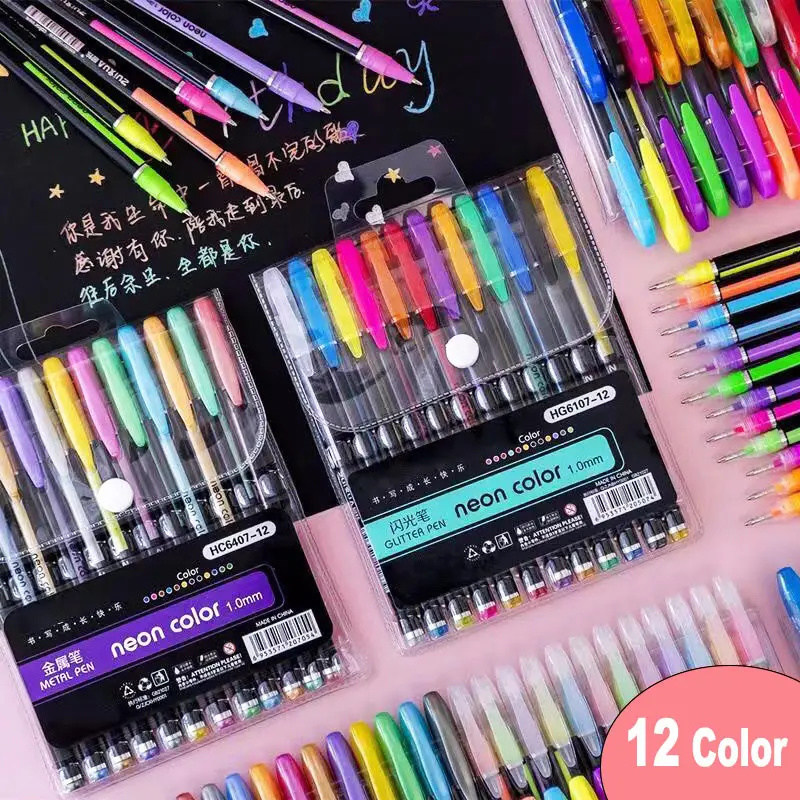 12Pcs Neon Color Set Glitter Metallic Fluorescence Highlighter Pastel Gel Pen For Art Sketch Doodle Painting Drawing Kids Gift