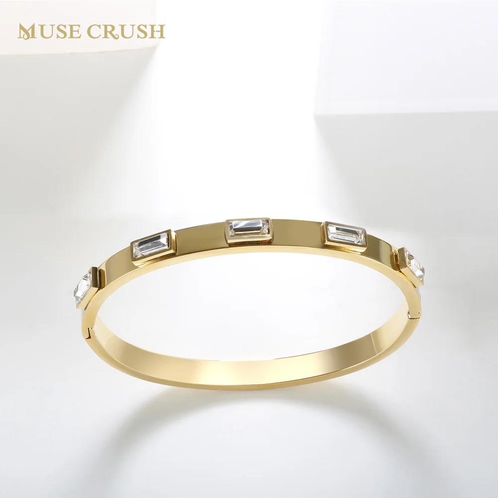 

Luxury Shiny CZ Crystal Cuff Bracelet Geometric Stainless Steel Cubic Zirconia Bangle for Women Men Wedding Party Jewelry Gift