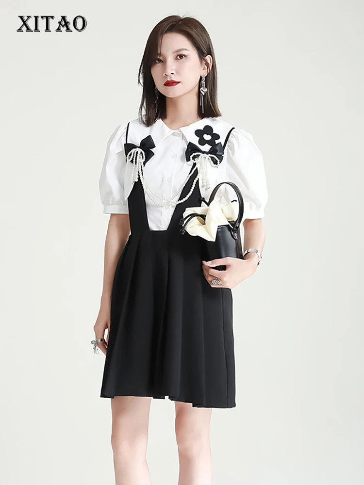

XITAO Solid Color Patchwork Beading Folds Above Knee Dress 2022 Summer New Casual Fashion Temperament All Match WMD6778