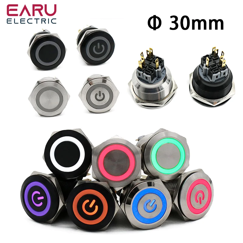 

30mm Waterproof Metal Push Button Switch LED Light Anodize Oxide Black Momentary Latching Car Engine PC Power Switch 3-380V Red