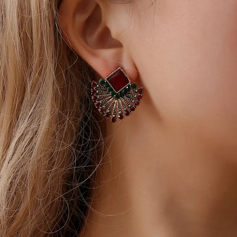 

European and American Retro Bohemian National Style Ruby Earrings Women's Jewelry Selling Fan Shaped Crystal Earrings Jewelry