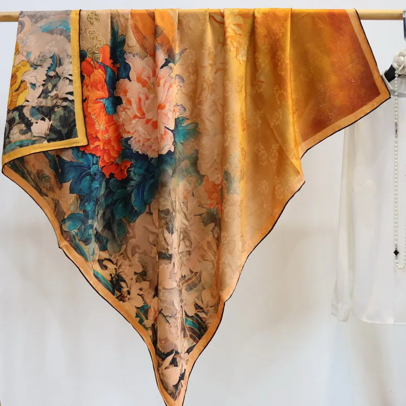 

Высококачественный Элегантный женский изысканный Лотос пион двусторонняя печать качественный Шелковый большой шарф шали Xiangyun