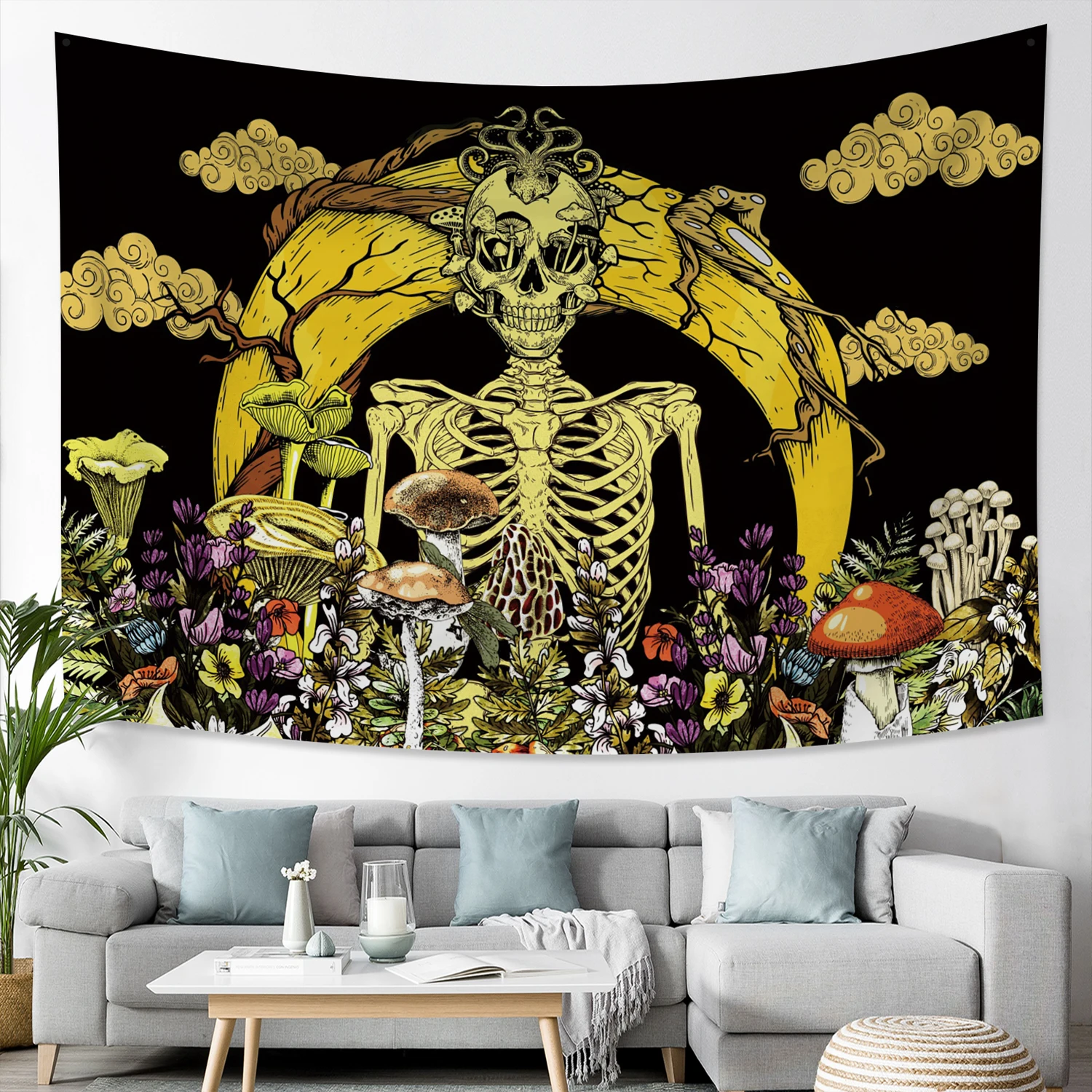 

Psychedelic Skeleton Tapestry Bohemia Moon Mushroom Wall Hanging Aesthetic Living Room Study Decor Tapestry Yoga Sheet Blankets