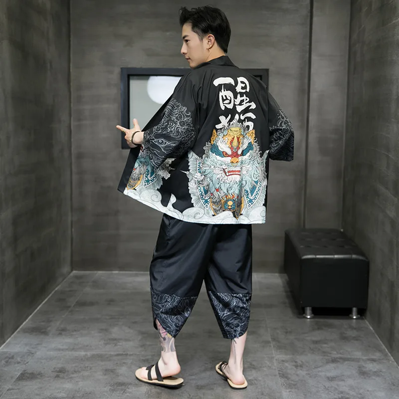 3/4 Rayon Men Pajamas Sets 2PCS Chinese Print Hanfu Kimono Robe Sleep Suit Large Size Summer Underwear Casual Home Clothes