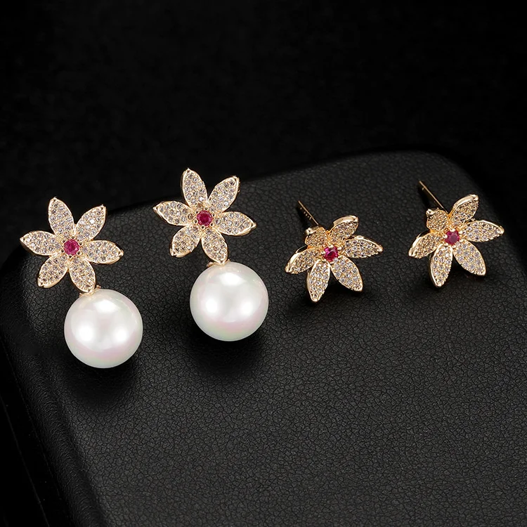 

Autumn and winter 2021 new fashion simple micro inlaid zircon Flower Pearl temperament earrings net red Earrings female