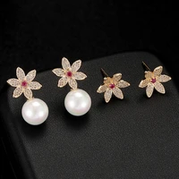autumn and winter 2021 new fashion simple micro inlaid zircon flower pearl temperament earrings net red earrings female