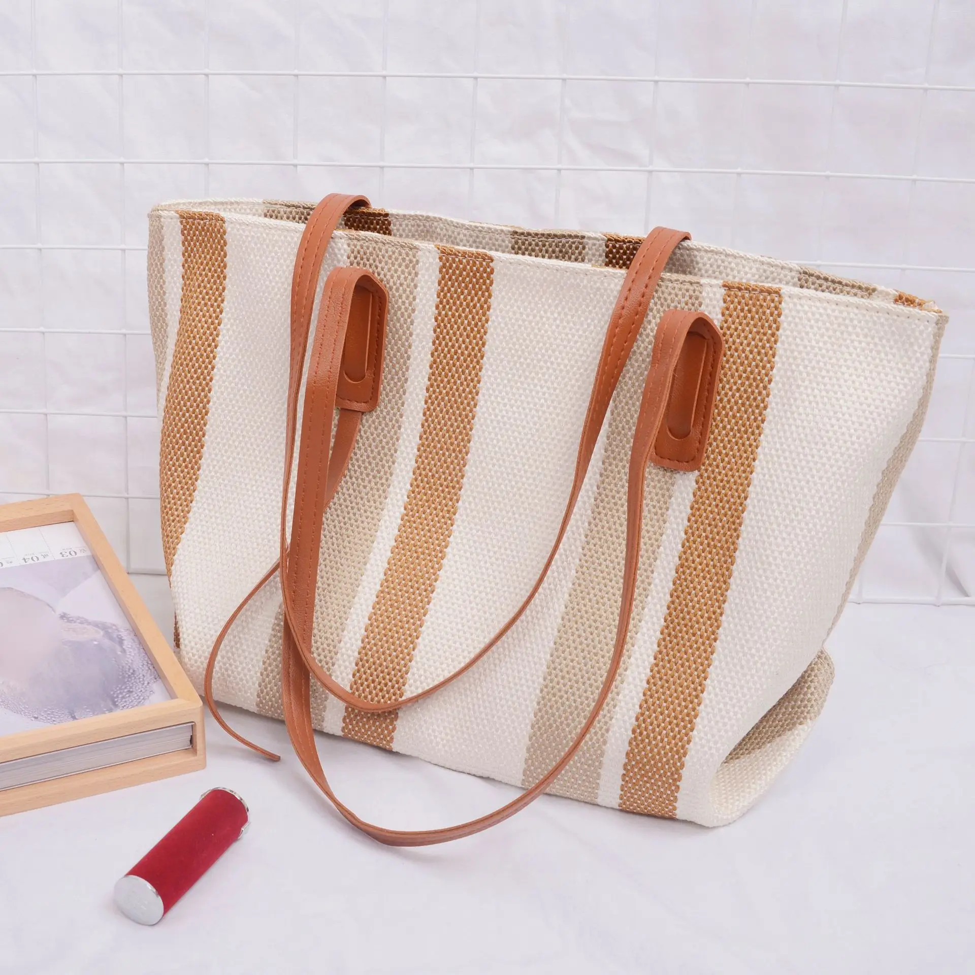 Fashion Large Capacity Zipper Canvas Handbag for Women Vintage Striped Tote Bags for Women Female Portable Business Briefcase