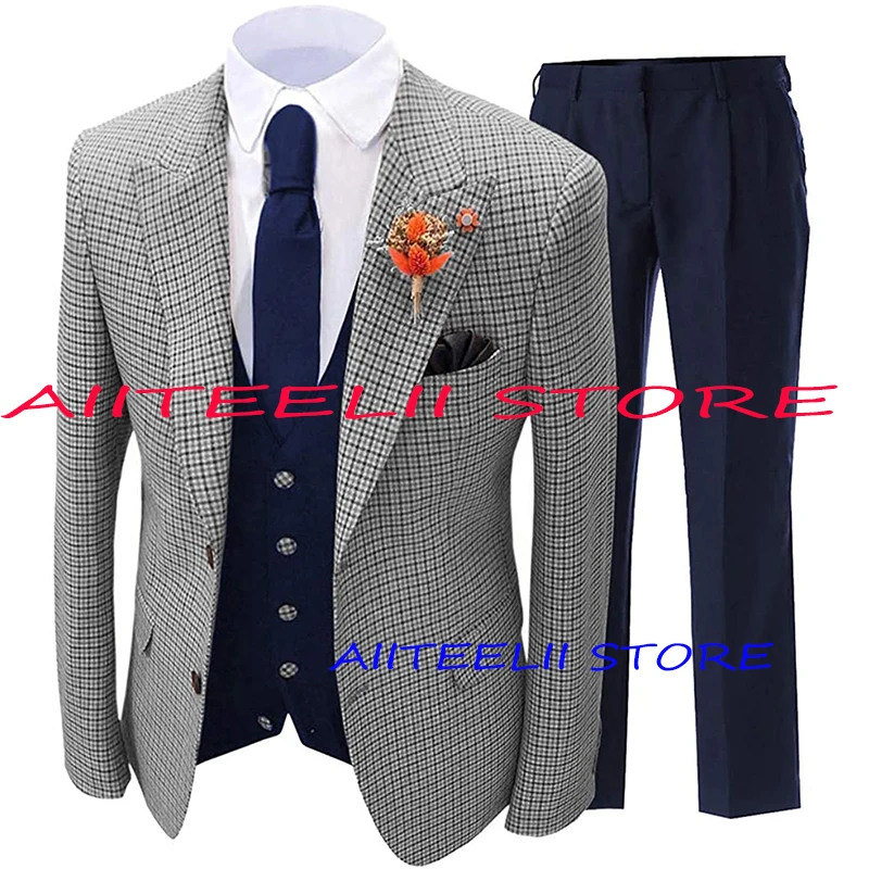 Men's Suit 3 Piece Check Jacket Party Wedding Tuxedo Blazer + Pants + Vest Groom Dress costume homme