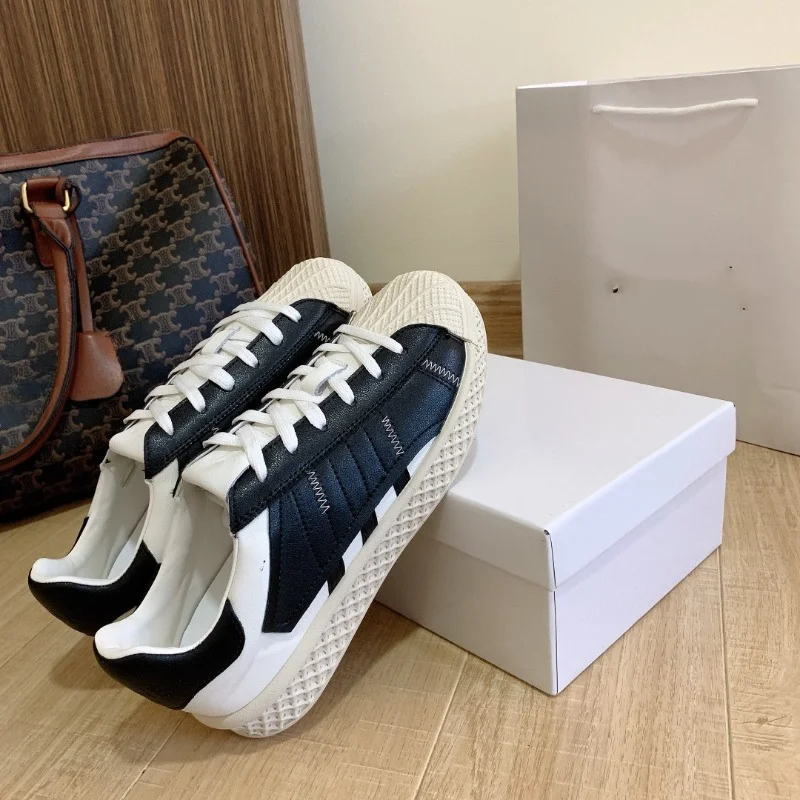 2023 New Shell Casual Versatile Color Matching Lace up Little White Shoes for Women~Round Head Couple Cricket Shoes