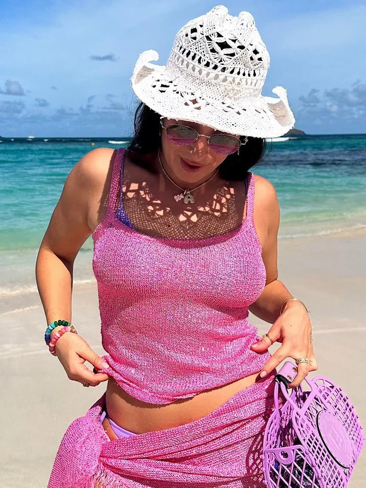 Розовый блестящий топ на бретельках 202 летняя пляжная одежда сексуальные женские