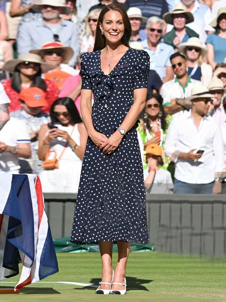 

Kate Princess New Women's Summer Dot Print Chic Fashion High Quality Elegant Designer Celebrity Party Short Sleeves Midi Dress