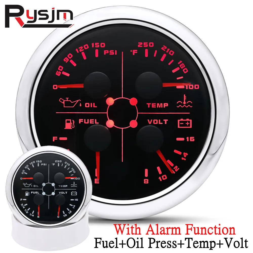 

Манометр масла 85 мм 4 в 1, 0-100 PSI + Температура воды 250-℉ + измеритель напряжения + топливный Манометр 0-ом для автомобиля, грузовика, яхты 12 В/24 В