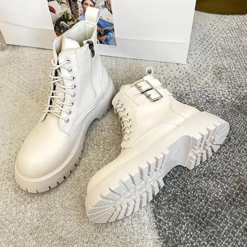 

British Style Thick Soled Boots Women 2023 Autumn New Leather Ankle Motorcycle Ytmtloy Round Toe Botines De Mujer Square Heel