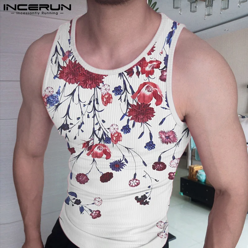 

INCERUN Men Tank Tops Flower Printing O-neck Sleeveless Casual Vests Streetwear 2023 Summer Fitness Stylish Men Clothing S-5XL