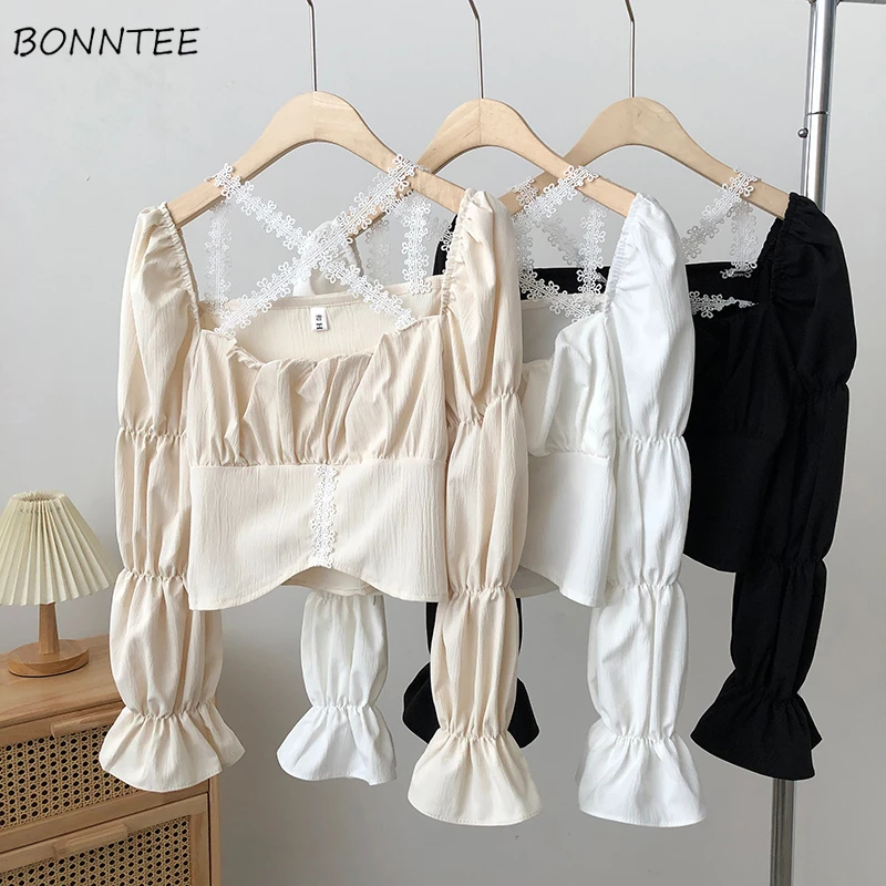 

Blouses Woman Elegant All-match Casual Office Ladies Lace Spring Flare Sleeve Chic Trendy Daily Solid Ins Design Korean Style