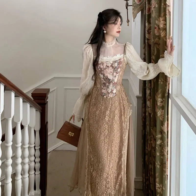 

France Lace Vintage Dress Women Spring Patchwork Party Midi Dress Female Korean Fashion Designer Chic Two Piece Set Dress 2022