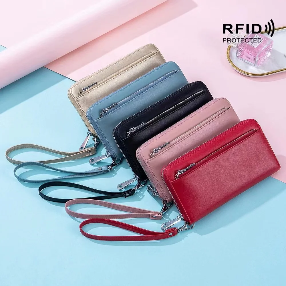 Versatile Fashion New Korean Simple Leather RFID Anti-Theft Brush Long Large Capacity Multi Card Zipper Lady Purse