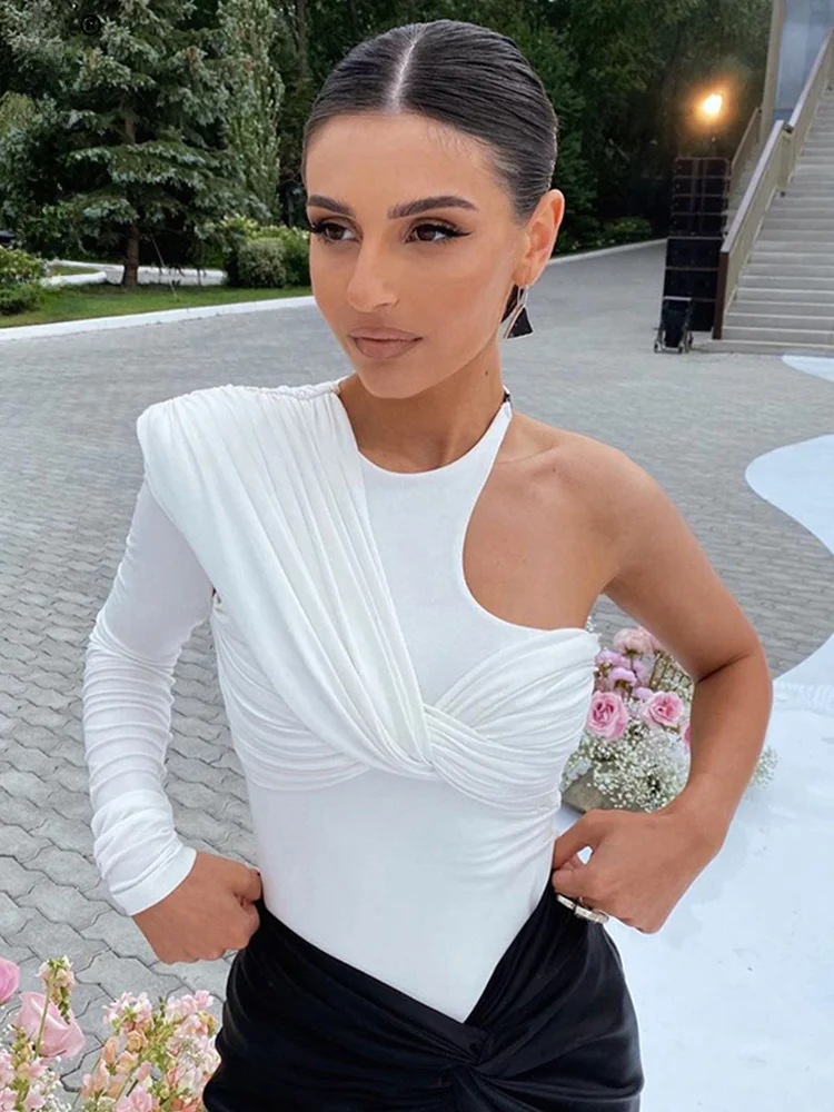 

Модные пикантные боди на одно плечо с открытой спиной, Женский Топ с длинным рукавом, облегающий боди с высокой талией, клубный боди, женская...