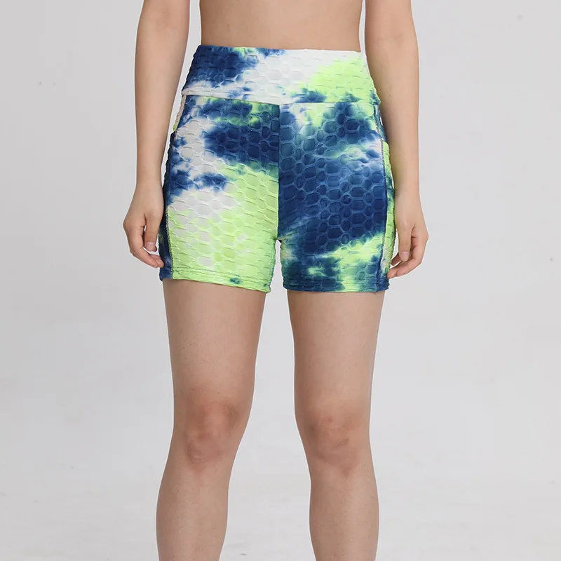 Women Pocket Tie Dyed Bubble Yoga Shorts High Waist Gym Shorts Workout Short Fitness Running Short Athletic Legging