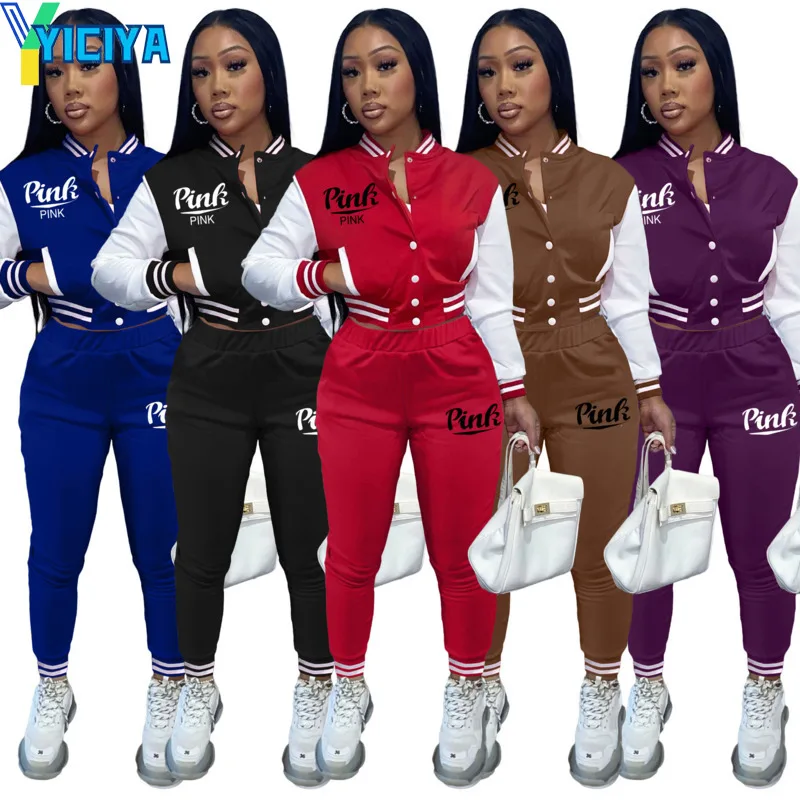 

YICIYA Women's Tracksuit Pink Baseball Jacket And Pants Suit For Fitness Womens Two Peice Set Jogging Sportswear Outfits Clothes