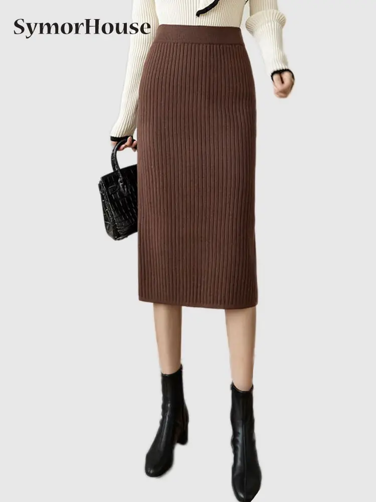 

Женская трикотажная юбка с высокой талией, черная Повседневная облегающая юбка в Корейском стиле с разрезом, Осень-зима 2022