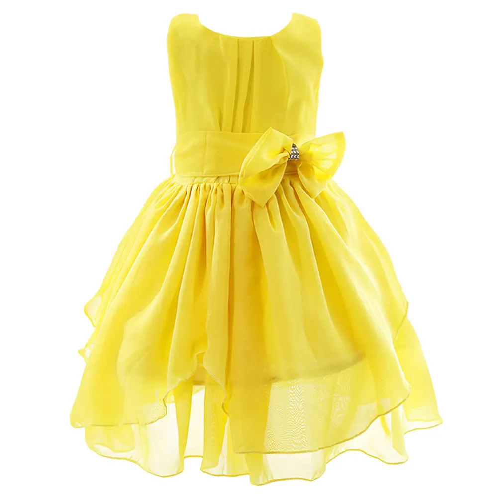 Girls Daily Chiffon Dress O-Neck Irregular Hem with Bow Belt Summer Sleeveless Knee Length Solid Color for Children Costume