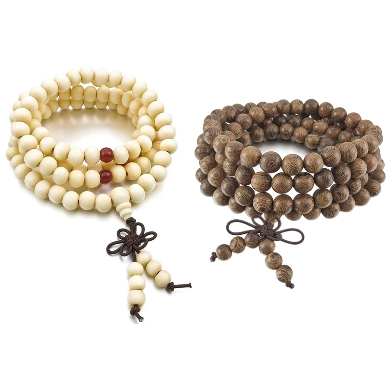 

2 Pcs 8Mm Wood Bracelet Buddhist Chain 108Pcs Bead Prayer Buddhist Chinese Knot Elastic Man, Woman, White & Gray