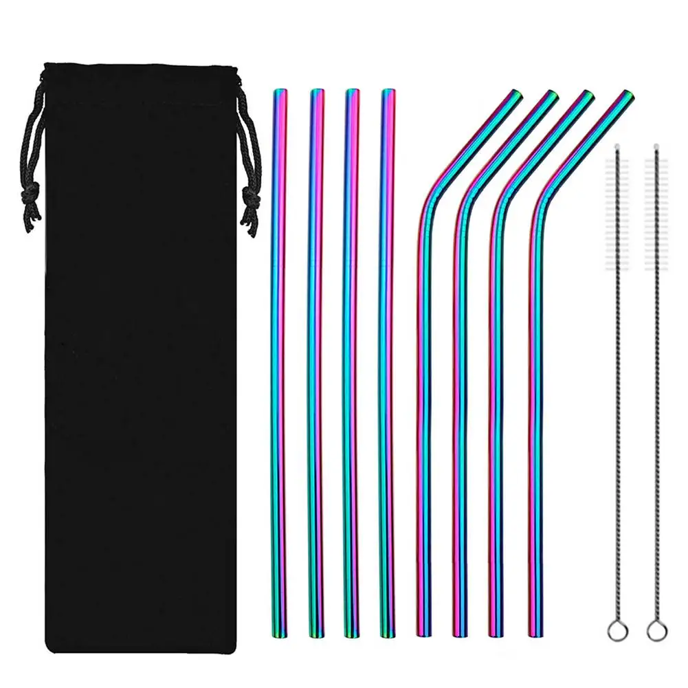 

10 Pcs Metal Reusable 304 Stainless Steel Straws Straight Bent Drinking Straw with Case Cleaning Brush Set Party Bar Accessory