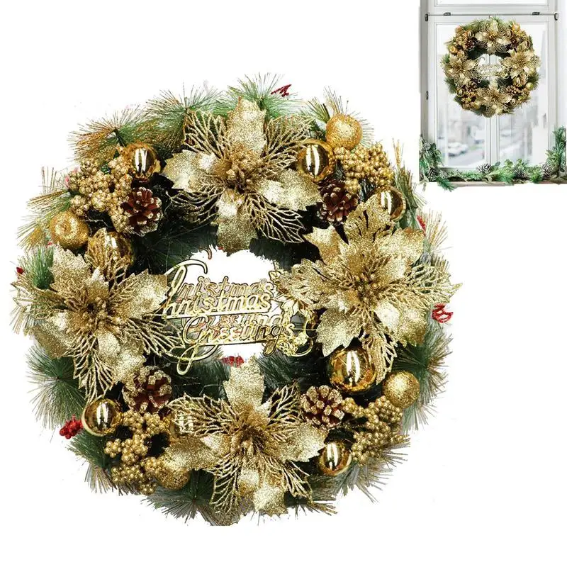 

Рождественский искусственный венок, предварительно подсвеченный Рождественский венок с ягодами, конусами сосны и красными листьями, освещ...
