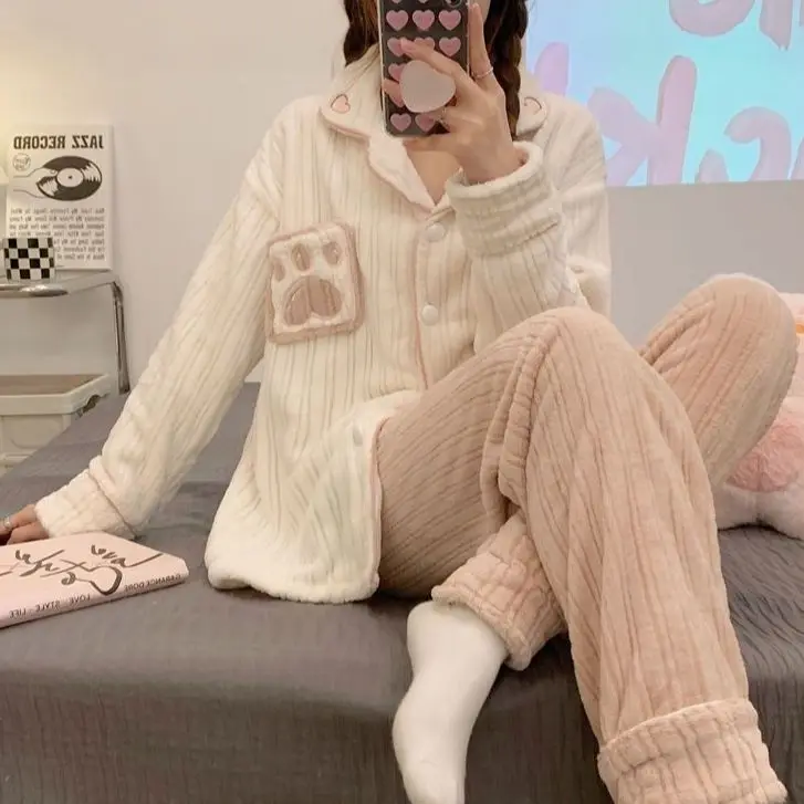 Yasuk Autumn Winter Cute Women's Casual Lovely Sweet Girl Warm Soft Sleepwear Loose Pajamas With Pants Cat Paw Velvet Simple