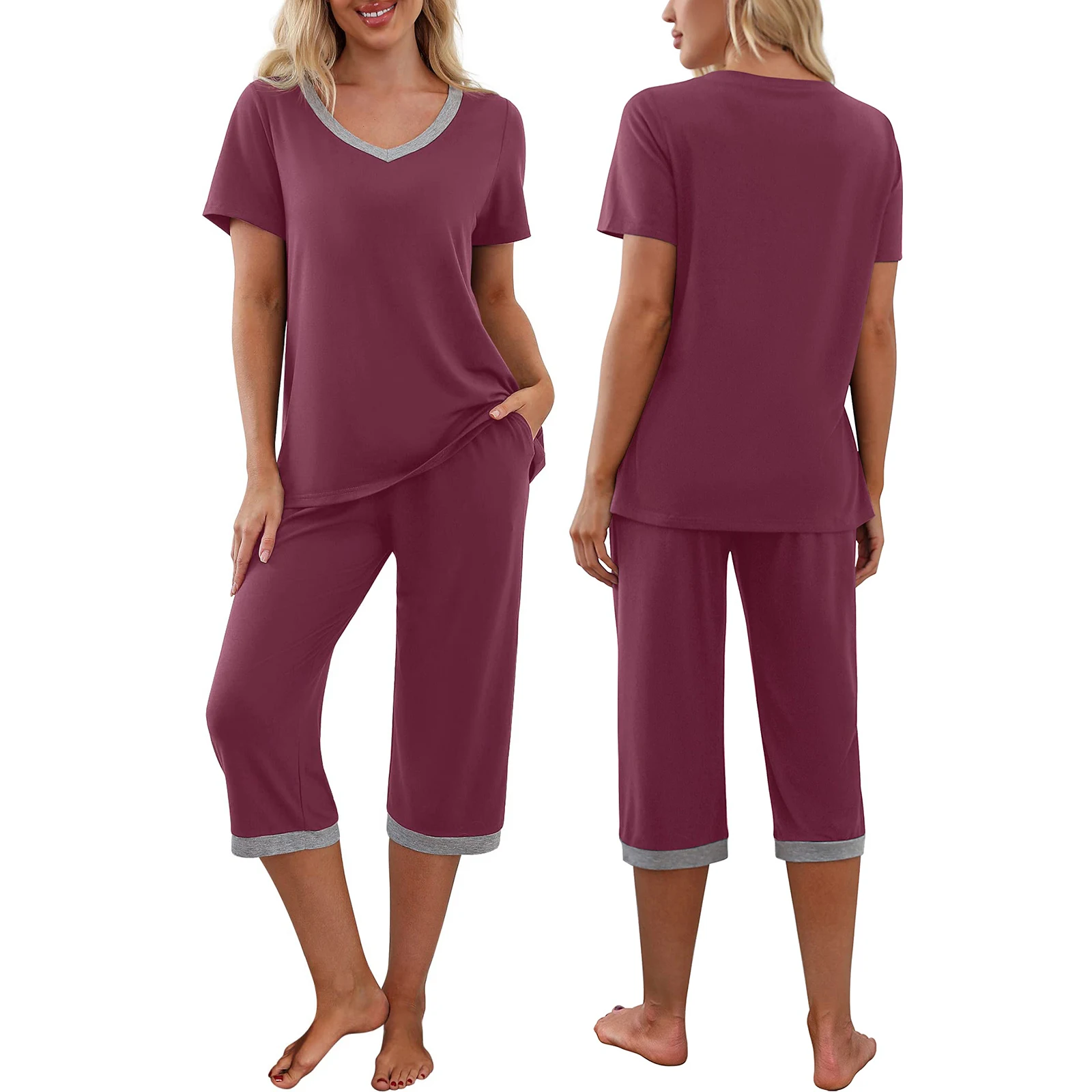 8 Colors Women's Casual Pajama Set Short Sleeve V Neck T-shirt and Capri Pants Sleepwear Floral/Leopard Lounge Suits