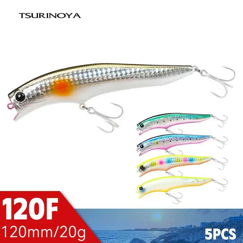 Фото Набор плавающих приманок TSURINOYA Minnow, 5 шт., GORGO 120 мм, 20 г, большая приманка 120F, подходит для новичков, коробка для приманок, наживка для морского окуня и камбалы. №1