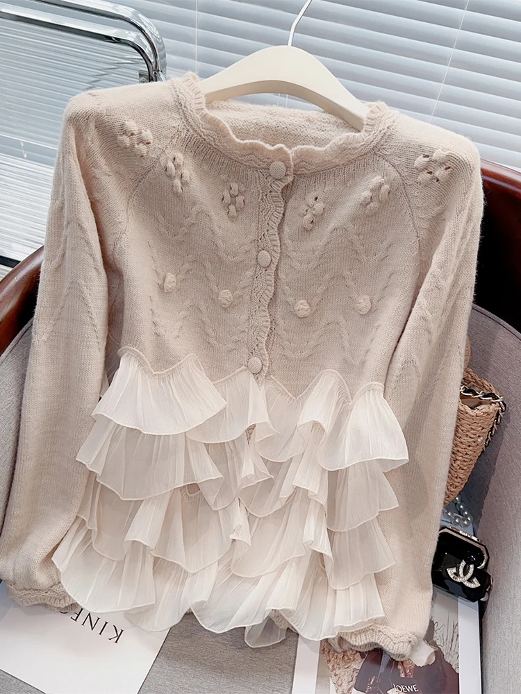 Женский абрикосовый кардиган роскошный сетчатый свитер Harajuku Y2k вязаные