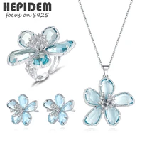 hepidem 925 sterling silver necklace rings earrings 2022 women blue glass gemstone gem s925 fine jewelry set 7026