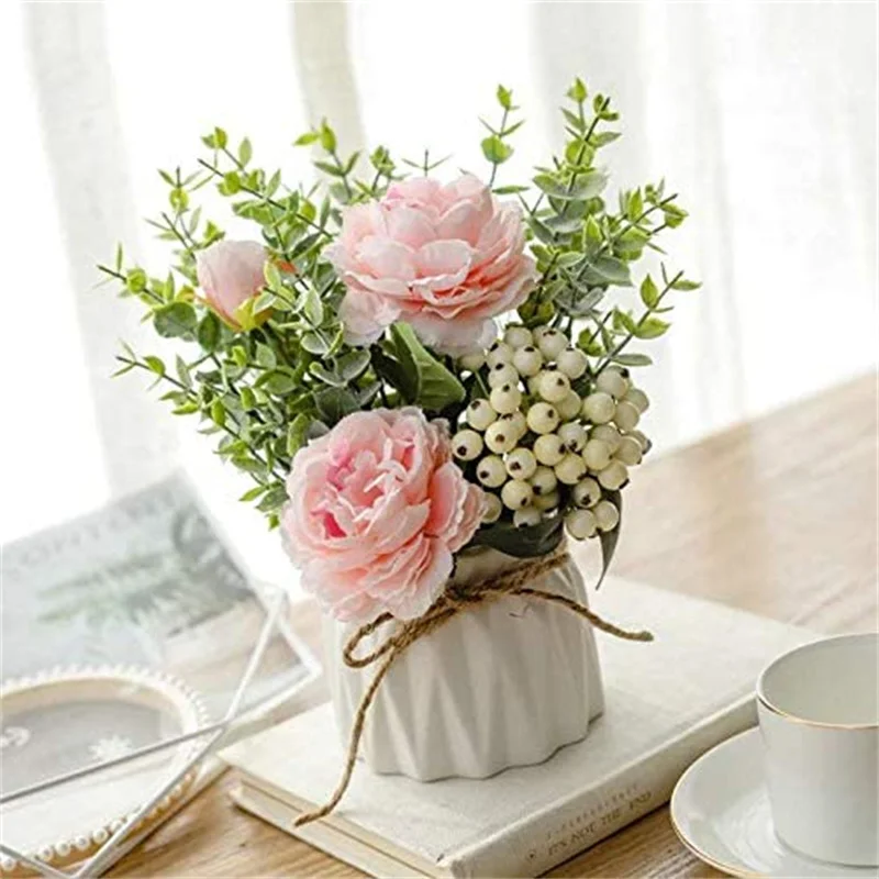 

Artificial Flowers with Small Ceramic Vase Silk Roses Fake Plants Decorations for Home