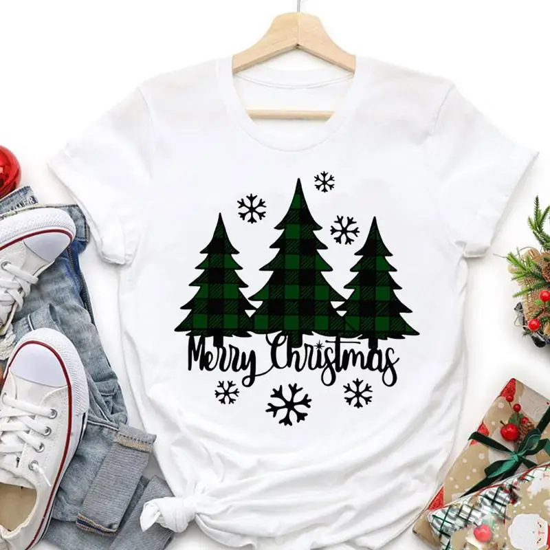 

Women Happy Plaid Letter Style New Year Merry Christmas Holiday Trend Fashion Tshirt Graphic T-shirts Cartoon Top Travel Tee