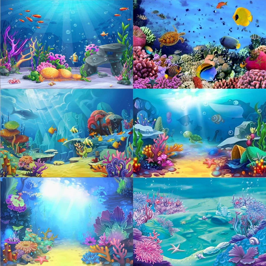 

Underwater World Photography Backdrop Colorful Seabed Coral Reef Sea Fishes Background Child Kids Mermaid Themed Birthday Party