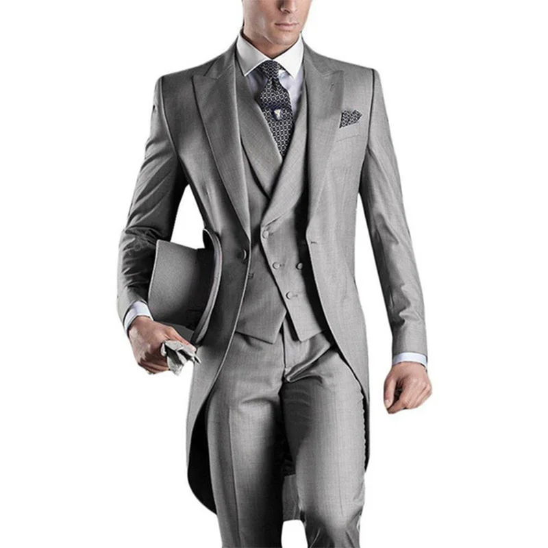 

Gwenhwyfar осень 2022 официальный серый мужской костюм комплект из 3 предметов пиковый лацкан с одной пуговицей длинный хвост пальто для жениха Свадебные смокинги