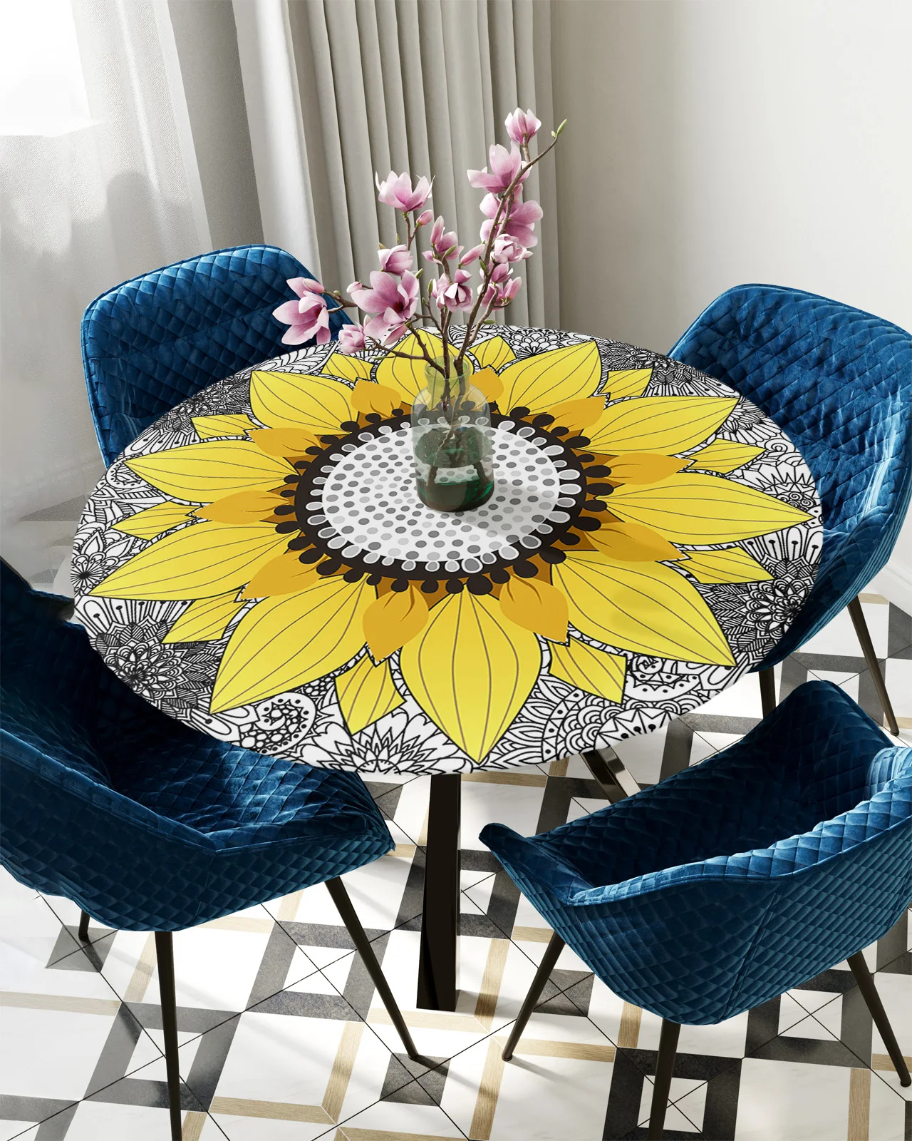 

Sunflower Mandala Black White Round Rectangular Table Cover Waterproof Elastic Tablecloth For Kitchen Table Cloth Home Decor