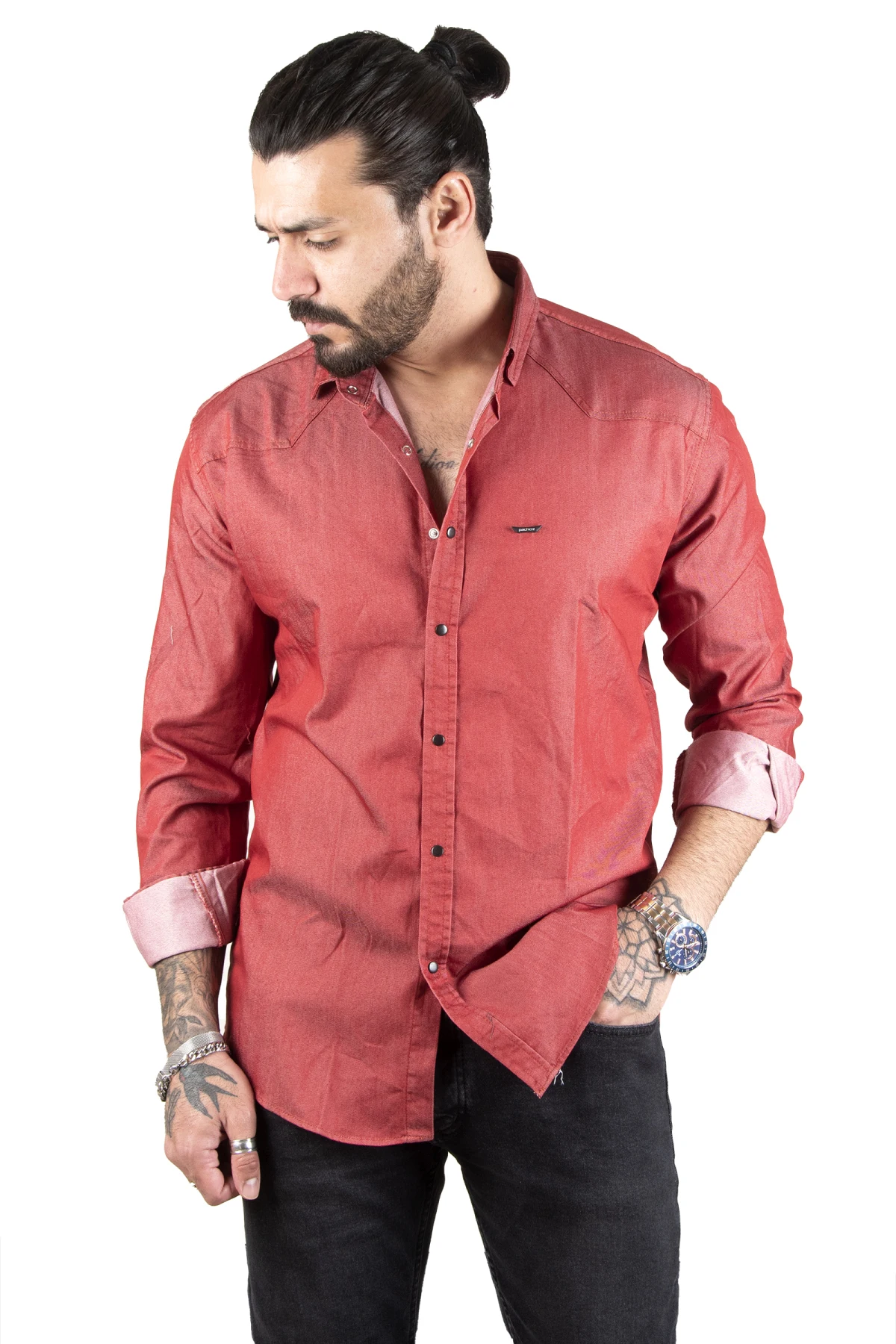 

DeepSEA snap lycra Slim Fit long sleeve men's jeans shirt 2201887