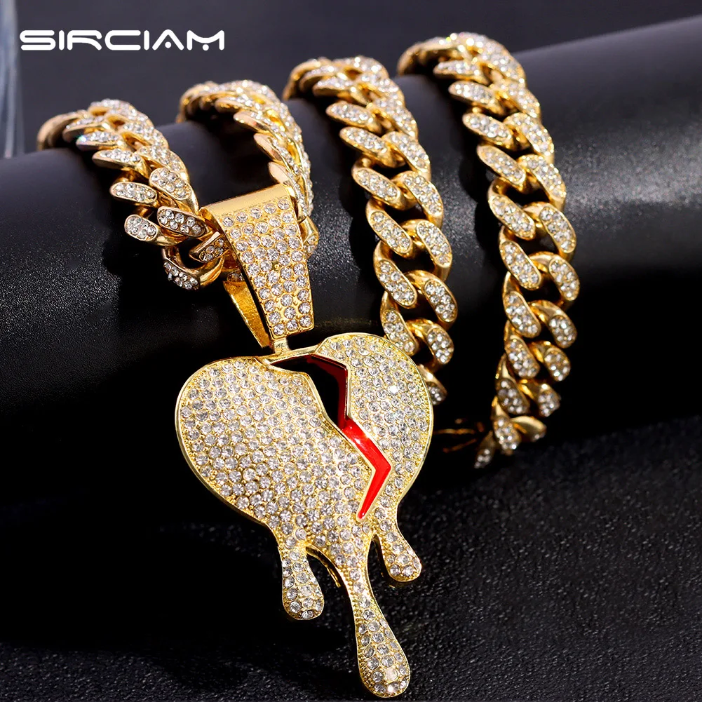 

Iced Out 13mm Miami Cuban Link Chain Necklace Men Women Full Rhinestones Broke Heart Pendant Necklaces Fashion Charm Jewelry New