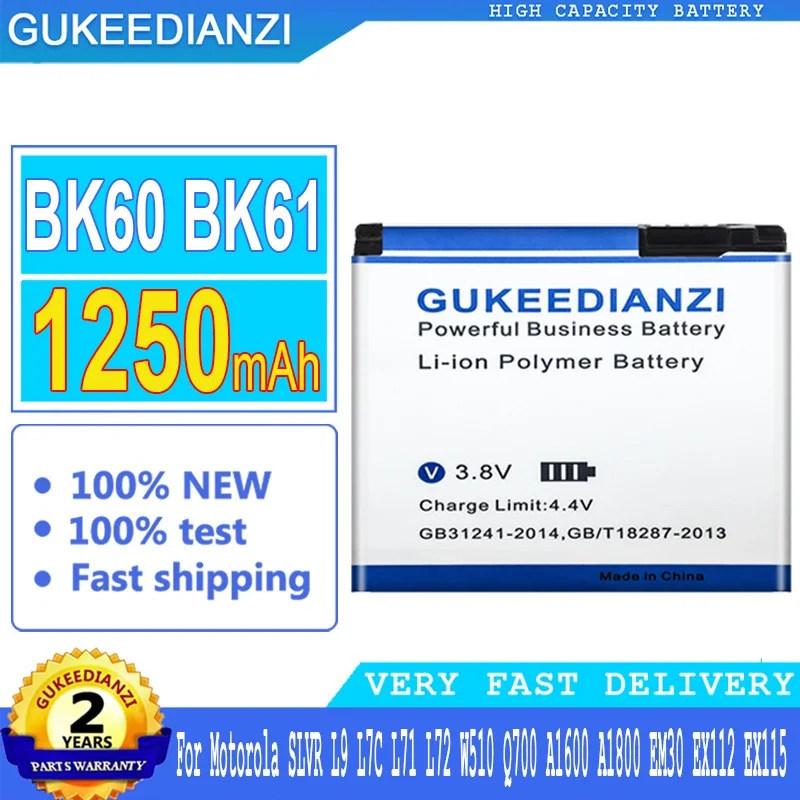 

Bateria BK60 BK61 1250mAh High Capacity Battery For Motorola SLVR L9 L7C L71 L72 W510 Q700 A1600 A1800 EM30 EX112 EX115 Battery